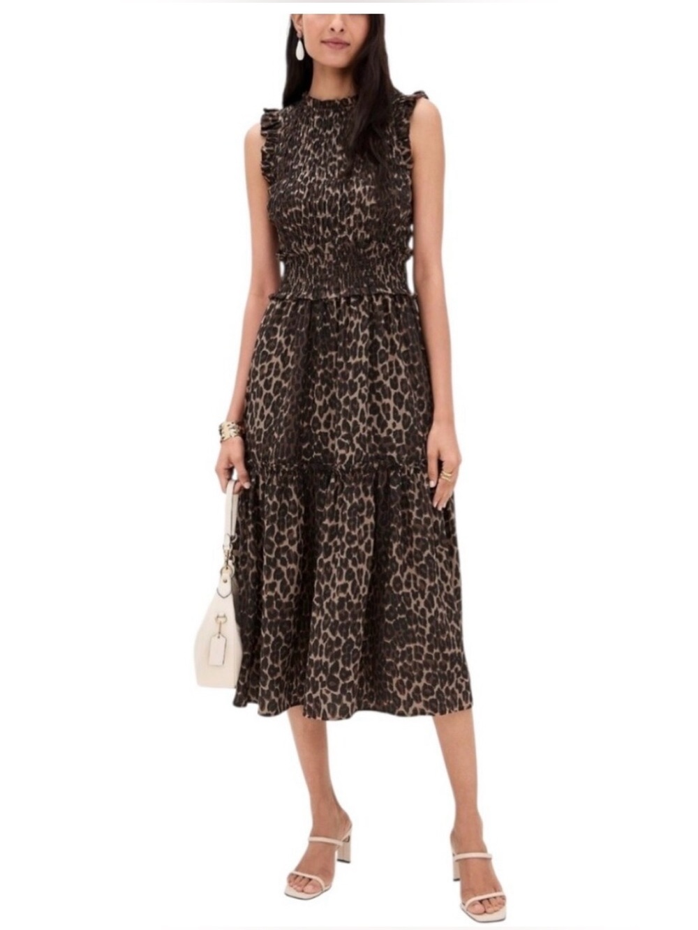 NWOT Rails Vivier Smocked BROWN NALA Leopard Sleeveless Tiered Midi Dress Size M